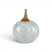 A decorative glass pumpkin with a textured, crackled white and light gray body and a short, amber-brown stem, shown on a clean white background.
