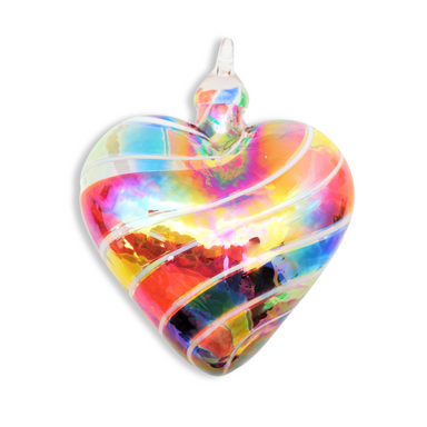 Swirls of rainbow hued glass make this handcrafted glass heart ornament a wonderful gift for a loved one or valentine