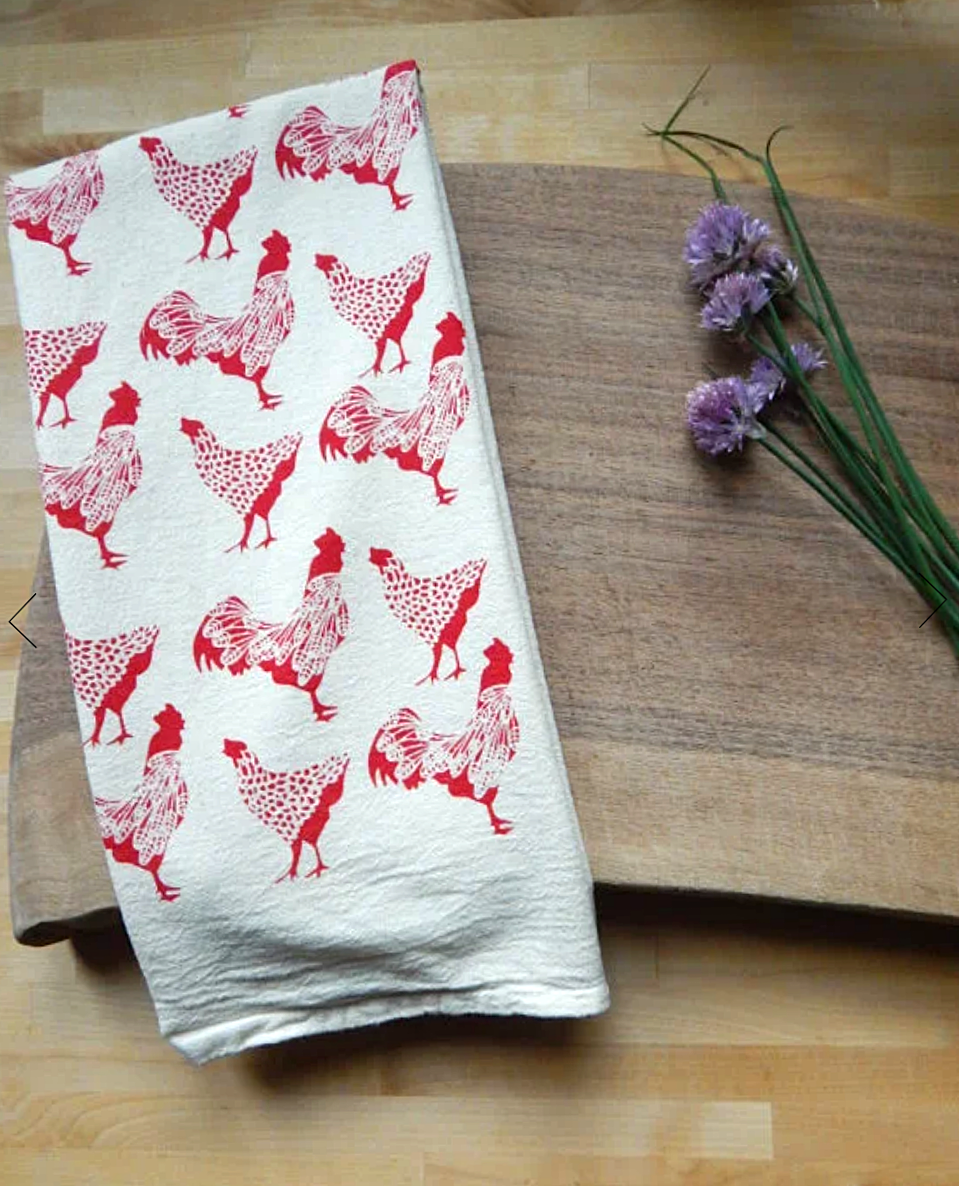 100% recycled Turkish cotton kitchen towel with a red rooster pattern is a kitchen favorite!