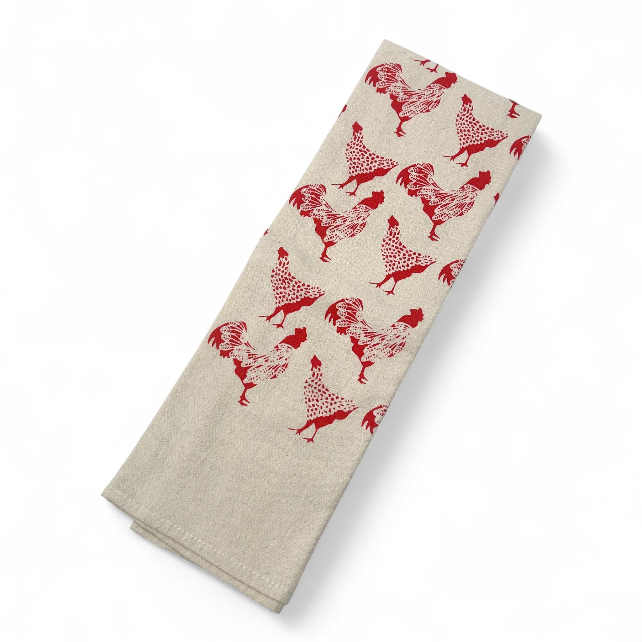 hand-printed 100% recycled kitchen towel with red roosters 