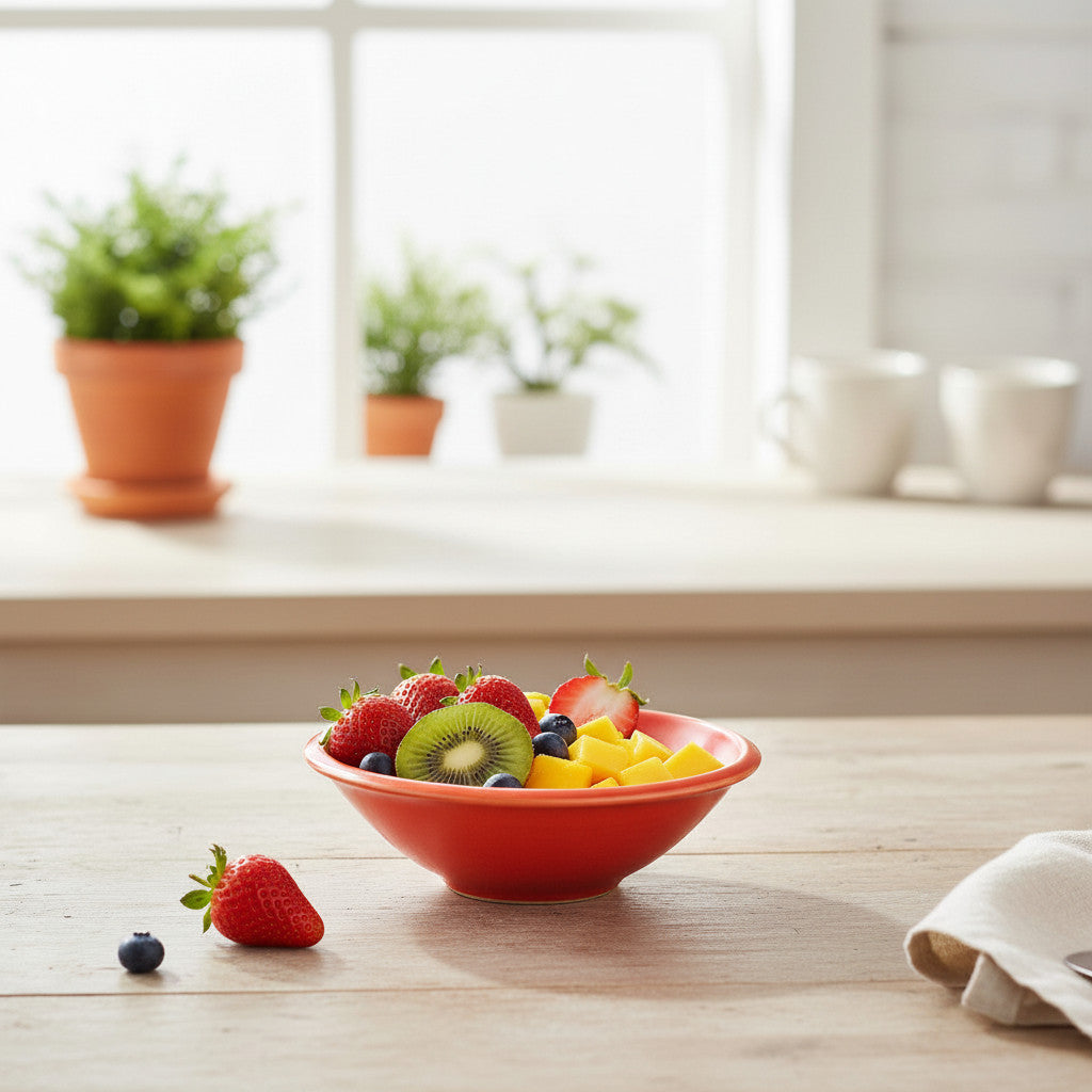 handcrafted red fruit bowl on a wooden table with a window and plants in the background