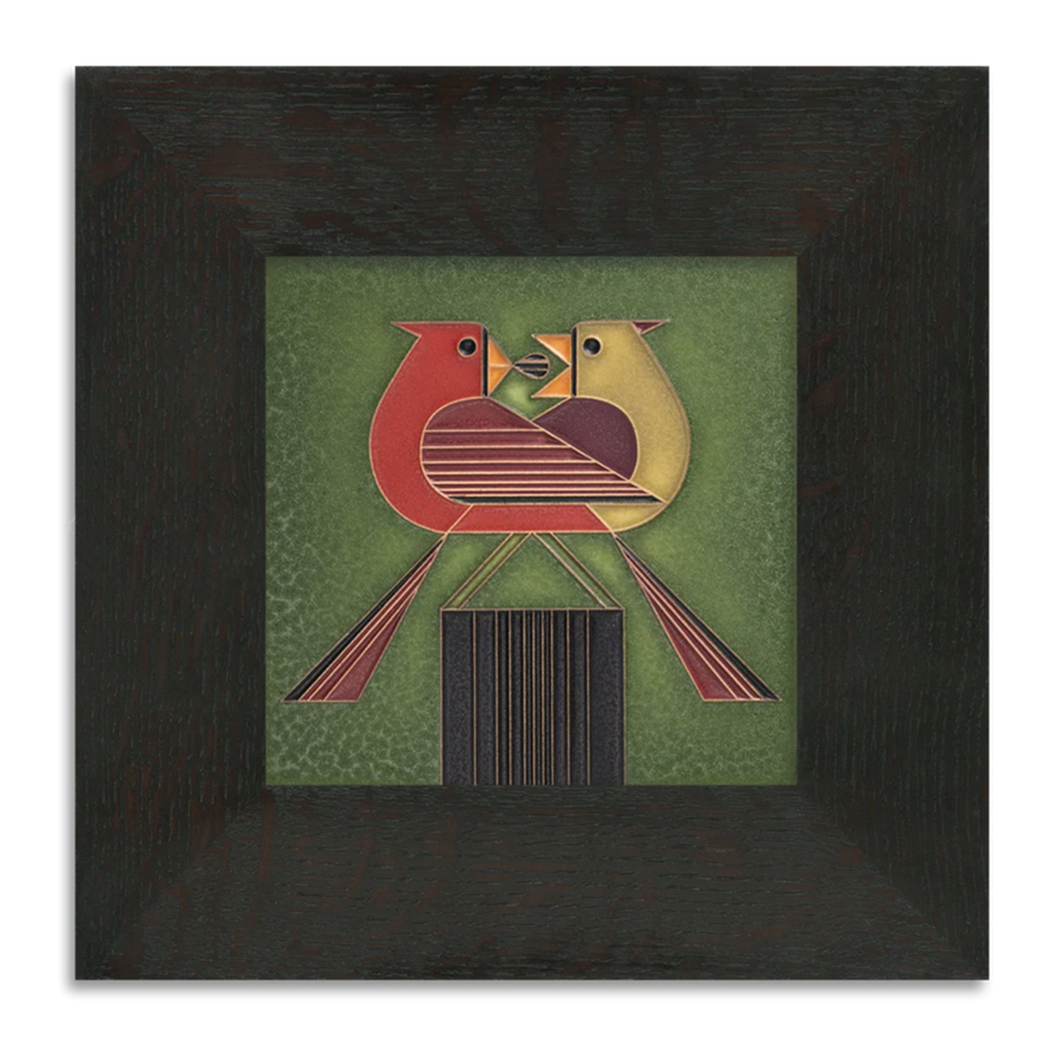 Male and female cardinal crafted on an art  tile in a 9 x 9 oak frame with ebony finish.