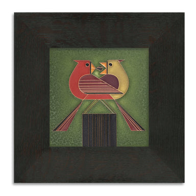 Male and female cardinal crafted on an art  tile in a 9 x 9 oak frame with ebony finish.