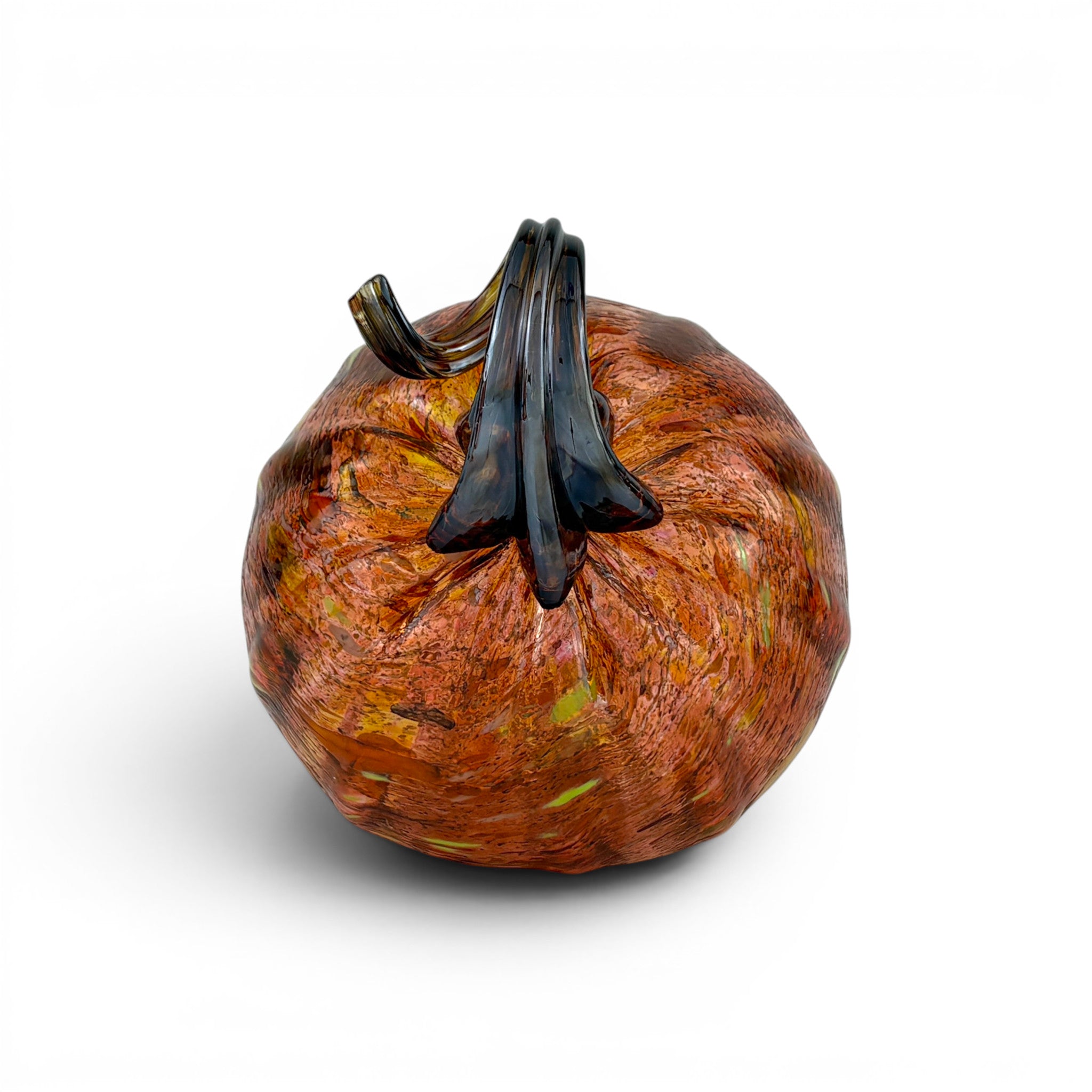 A decorative glass pumpkin sculpture with a textured, marbled orange-brown body and a glossy dark stem, shown on a clean white background.