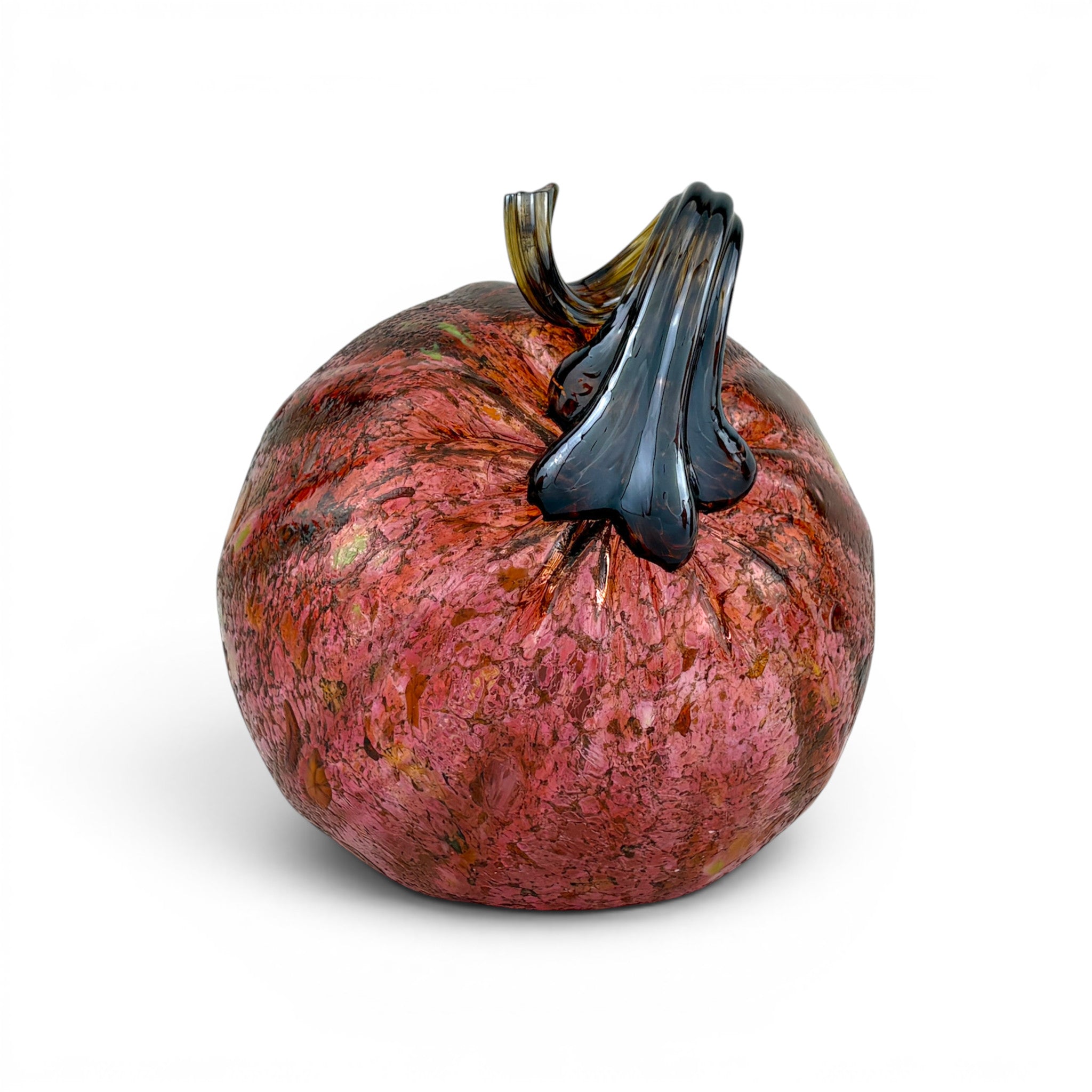 A decorative glass pumpkin sculpture with a textured, mottled red and orange body and a glossy dark blue-green stem, shown on a clean white background.
