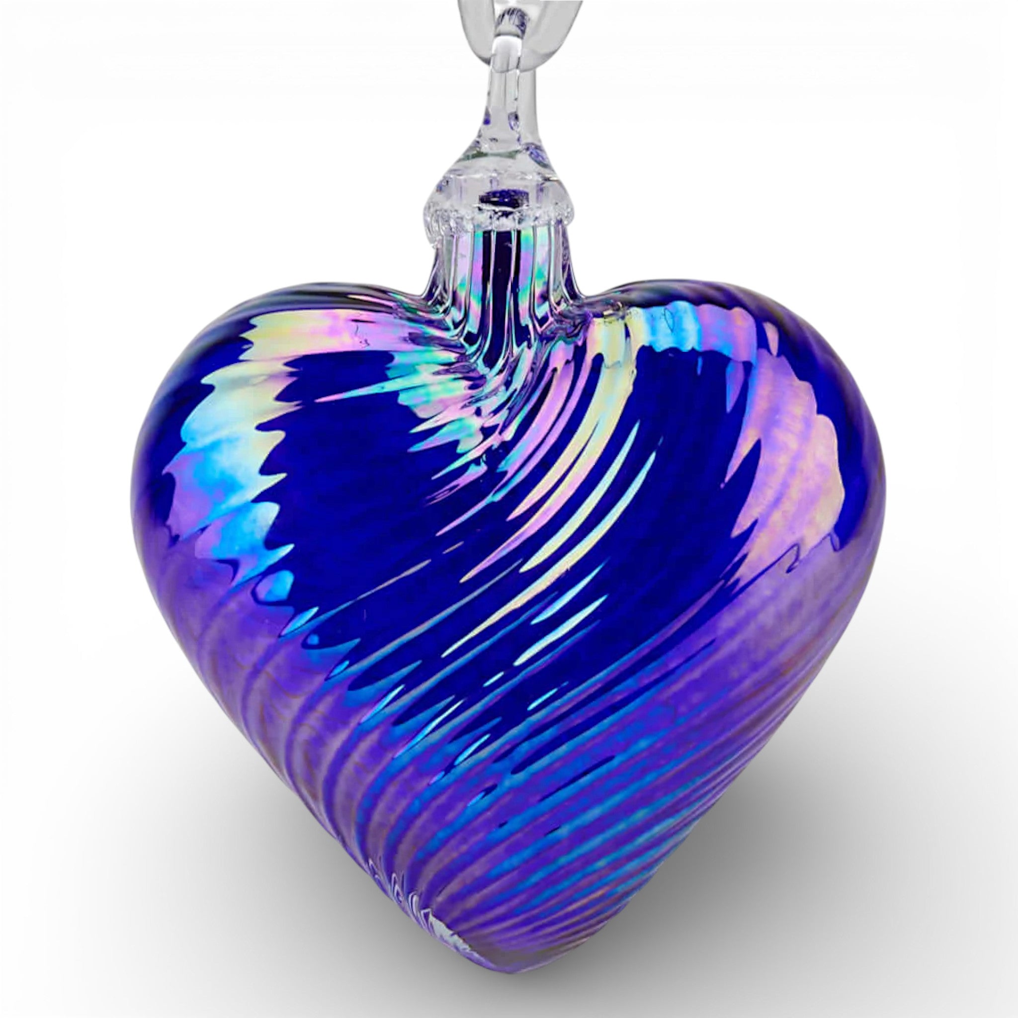 Heart-shaped glass ornament with iridescent blue and purple colors for a favorite valentine