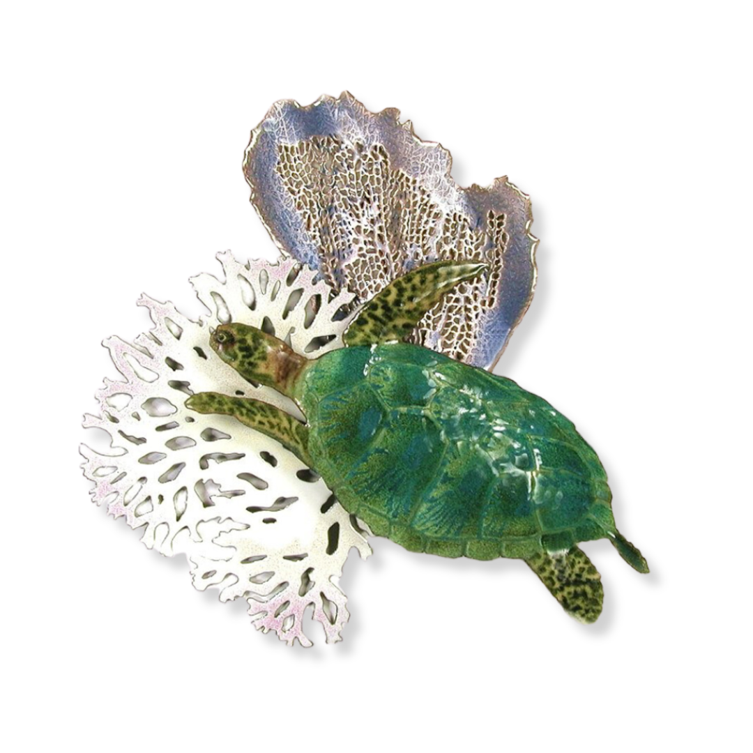 A handcrafted artwork depicting a green sea turtle with a coral-like pattern on its shell, swimming towards the sea coral