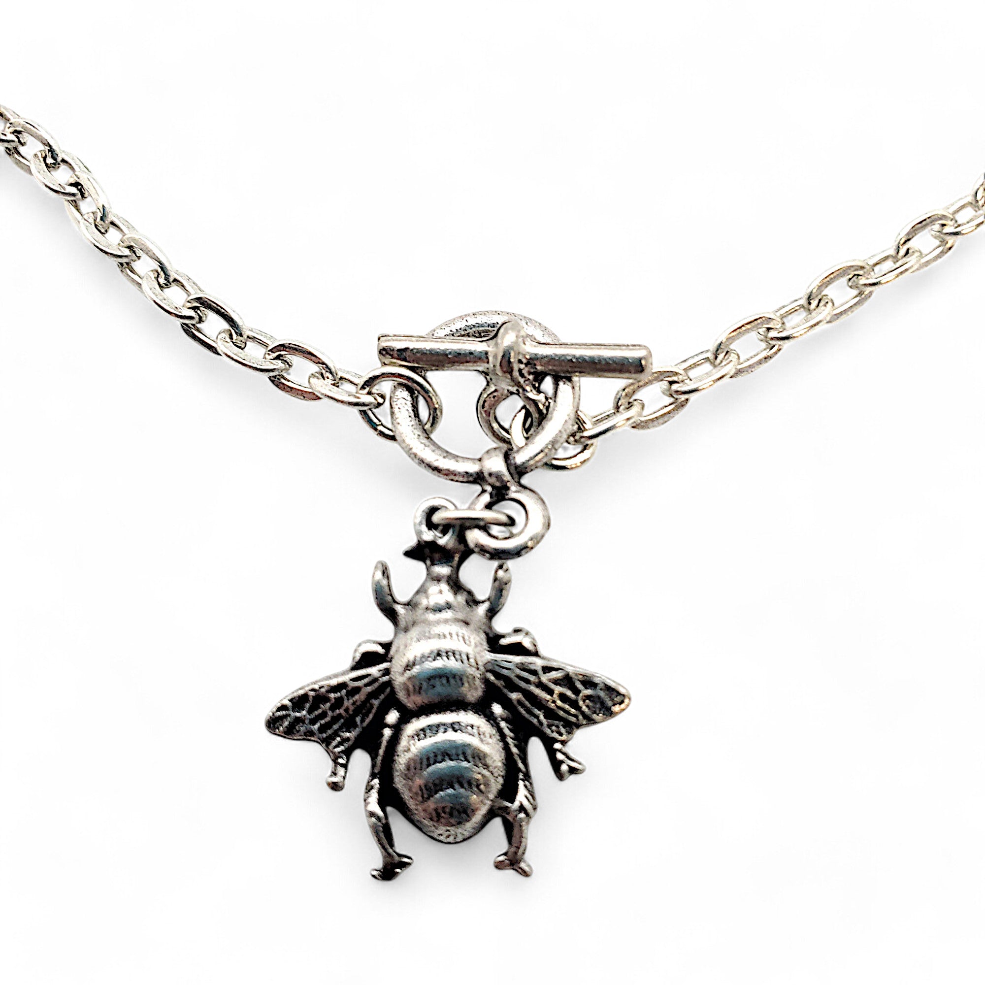 handcrafted silver plated bee necklace with toggle clasp