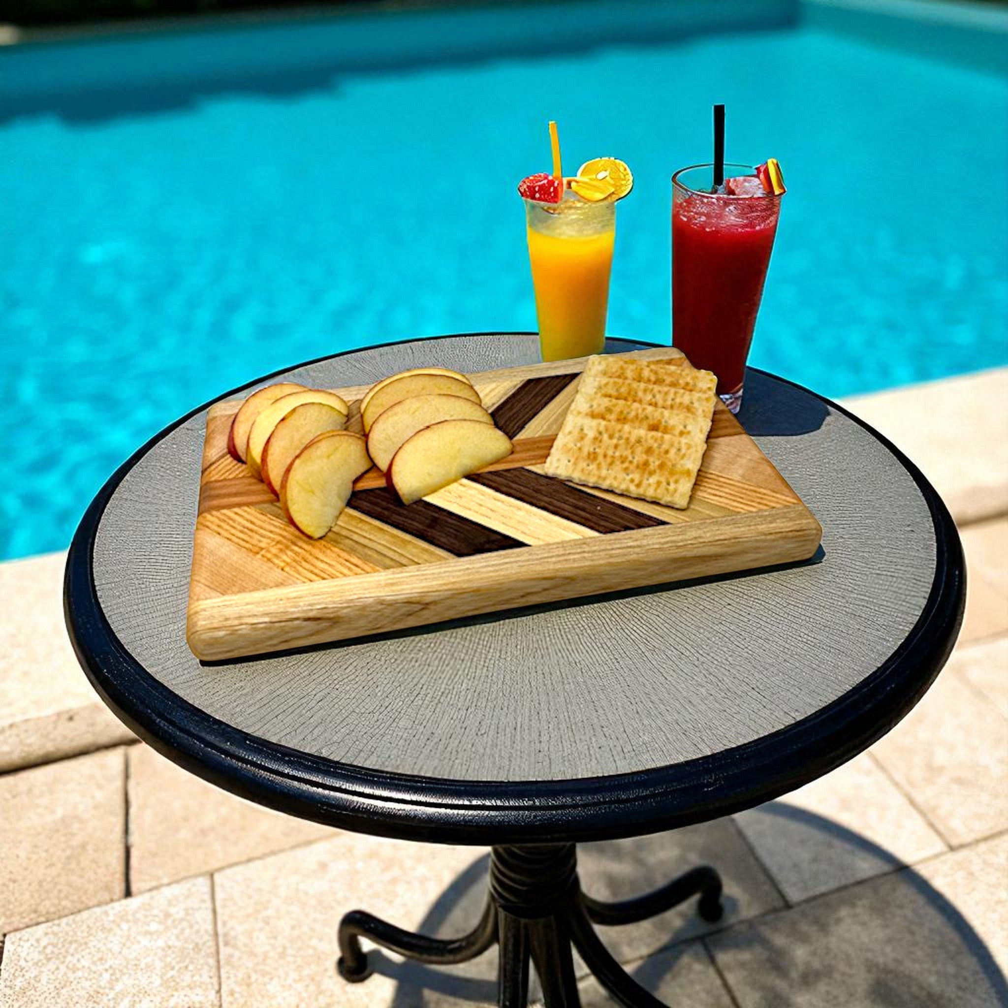 this small cutting board is great for serving snacks and drinks by the pool