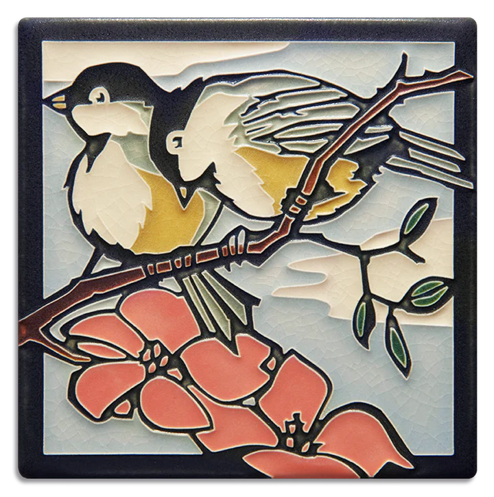 handcrafted ceramic tile featuring spring chickadees by the artisans at Motawi Tileworks