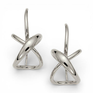 A pair of sterling silver earrings featuring a geometric design that is symbolic of love, with an 'X', an 'O', and a heart shape.