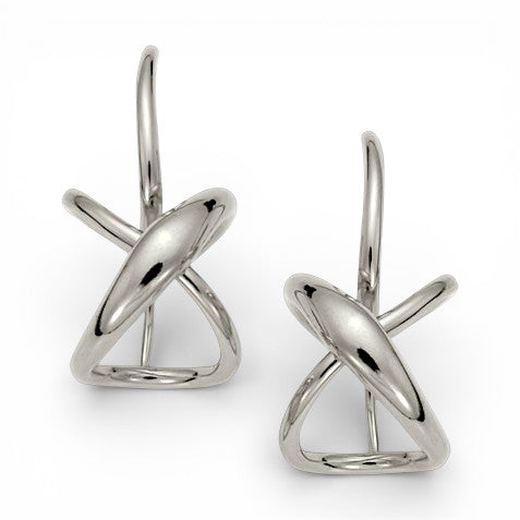 A pair of sterling silver earrings featuring a geometric design that is symbolic of love, with an 'X', an 'O', and a heart shape.