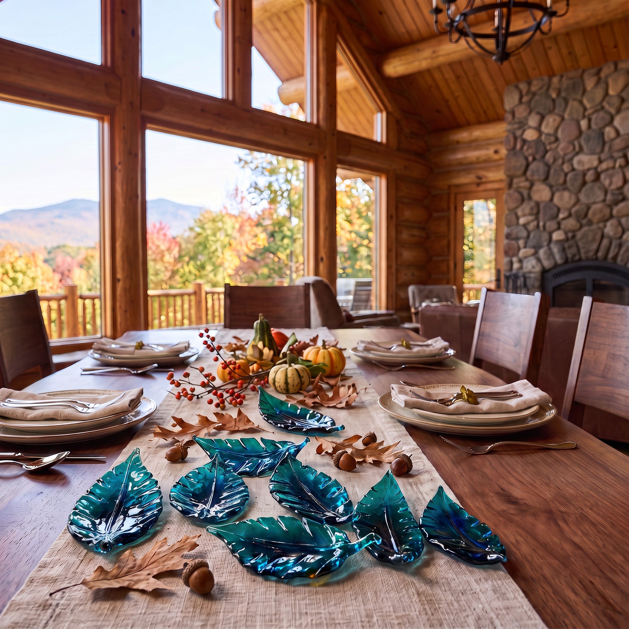 A dining table set in a rustic log cabin dining room, decorated with a beige woven runner, autumn leaves, acorns, small pumpkins, and several translucent teal glass leaf sculptures. Large windows offer a view of mountains, and a stone fireplace is visible in the background.