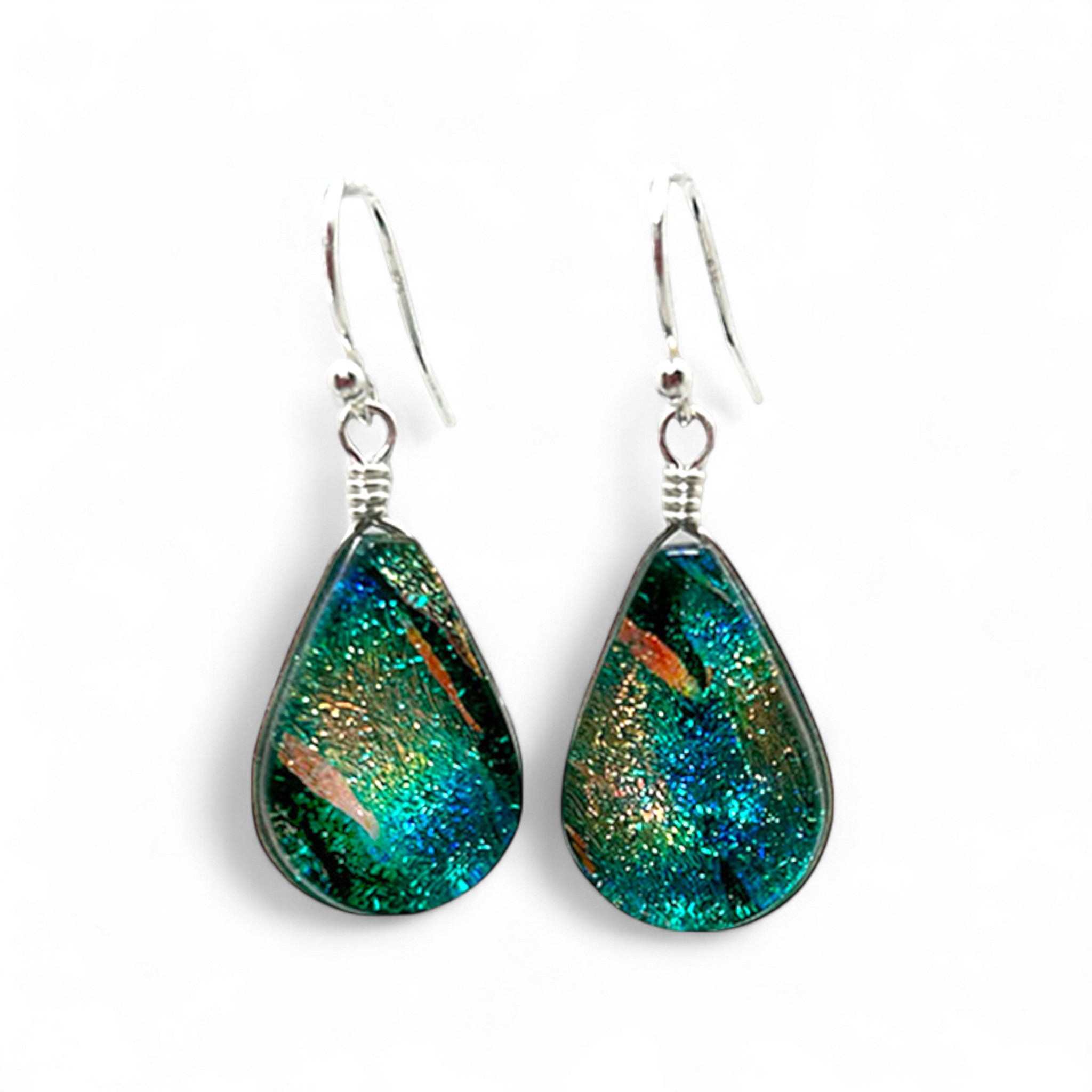 Teal and gold teardrop earrings handcrafted with dichroic glass