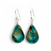 Teal and gold teardrop earrings handcrafted with dichroic glass