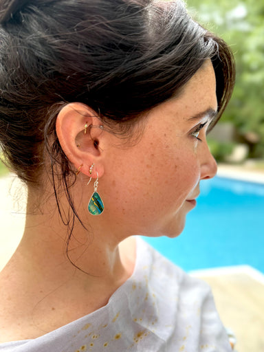 teal green handcrafted glass earrings with dichroic glass that shimmers in the light