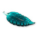 A handcrafted translucent teal-blue glass leaf sculpture. 