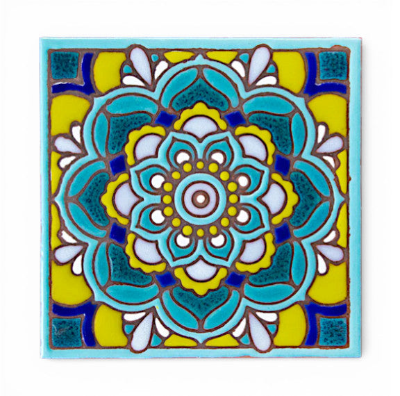 Decorative tile with a colorful mandala design on a blue background