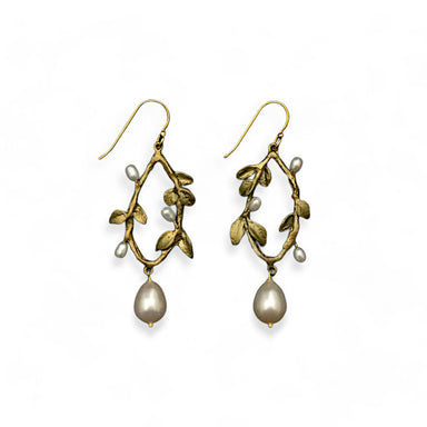 A pair of Victorian Vine oval earrings with bronze-colored metal and freshwater pearl accents.