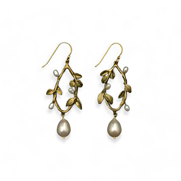 A pair of Victorian Vine oval earrings with bronze-colored metal and freshwater pearl accents.