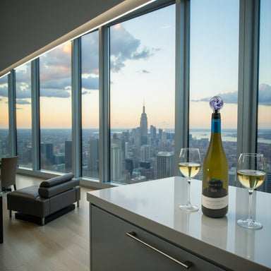 Wine bottle and glasses on a counter with a city skyline view