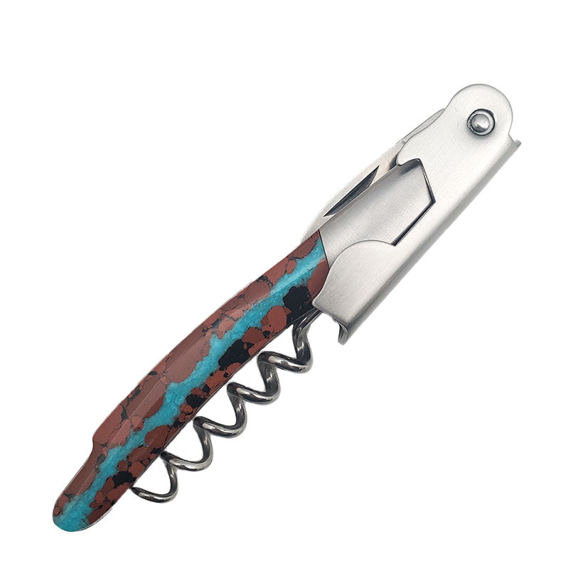handcrafted waiter's knife with corkscrew in vein turquoise finish