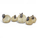 Five decorative faux pumpkins in a graduated size set, featuring a textured metallic gold and cream finish with dark brown stems, arranged on a white background.