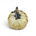 A decorative glass pumpkin sculpture with a marbled cream and brown body and a dark brown stem, shown on a clean white background.