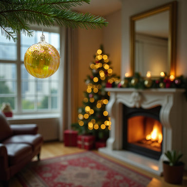 Cozy living room with Christmas decorations, including a tree, fireplace, and ornament.