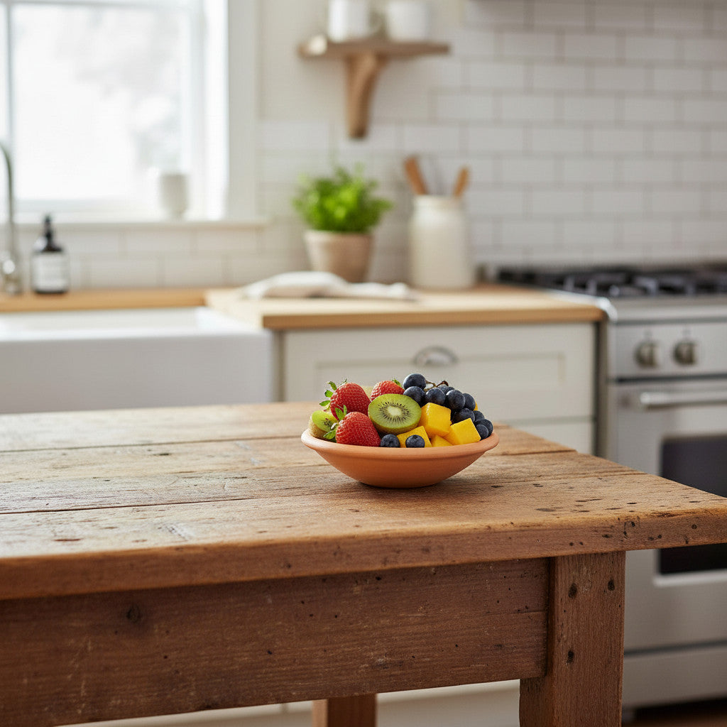 Fruit bowl on a wooden kitchen island with a kitchen background
