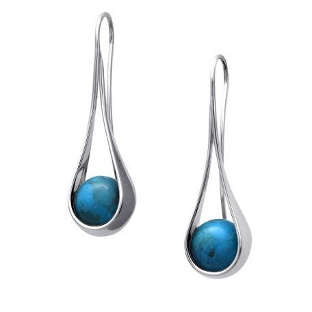 A pair of sterling silver earrings featuring turquoise accent stones in a delicate open form design.