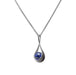 A sterling silver pendant with a lapis accent stone, designed in an open form, hanging from a sterling silver chain.