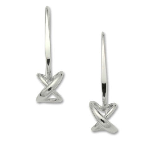 A pair of sterling silver dangling earrings with an innovative heart, 'O', and 'X' design, approximately 1 3/8 inches long.