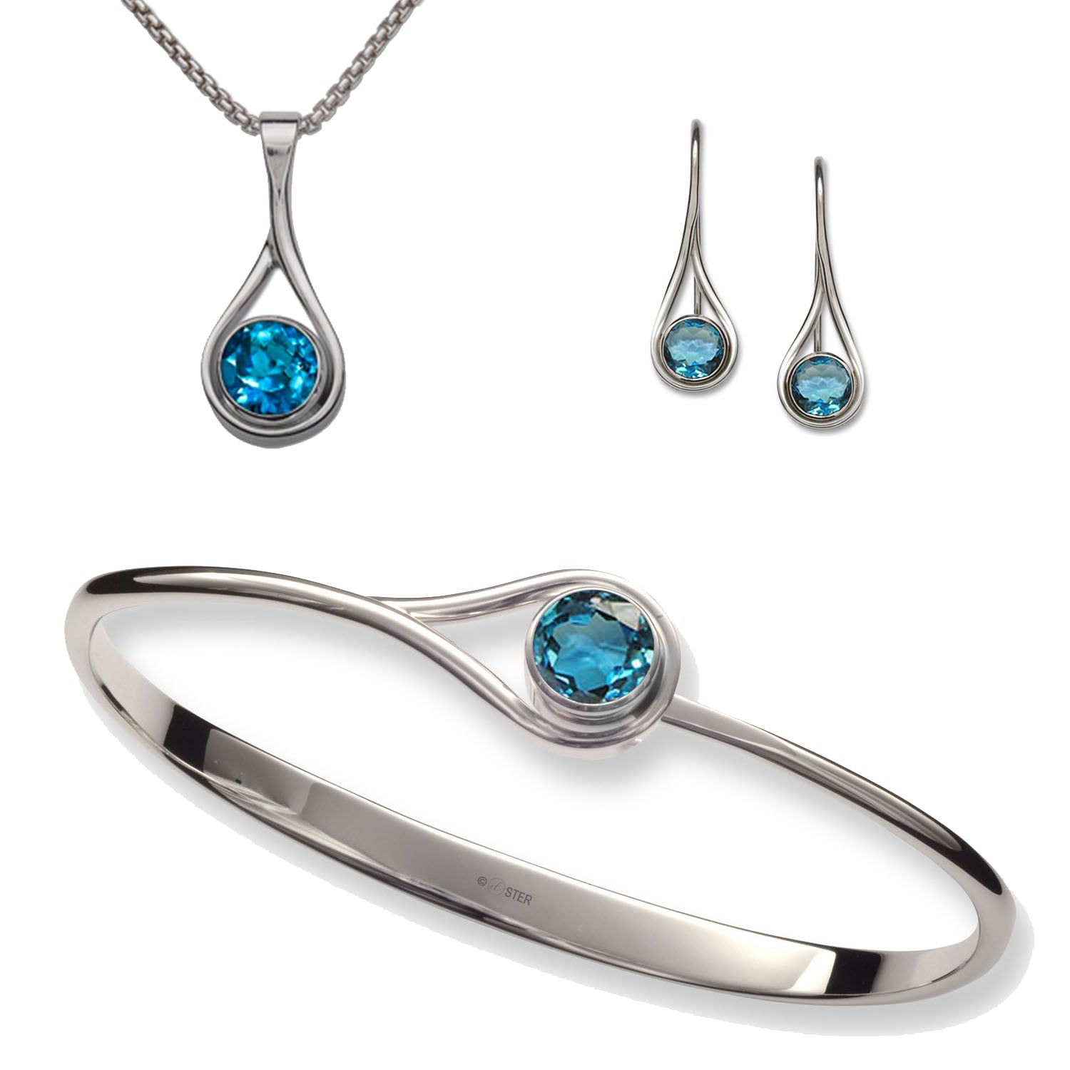 A set of blue topaz jewelry including a bracelet, earrings, and a pendant, all crafted in sterling silver.