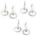 A set of three silver earrings, each with a different colored gemstone accent: blue topaz, amethyst, and peridot.