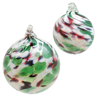 two sizes of hand-blown holiday ornaments in festive colors
