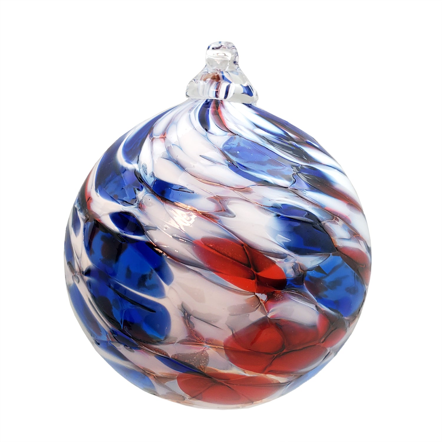 A spherical glass ornament with red, white, and blue colors, crafted by Lisa Oakley.