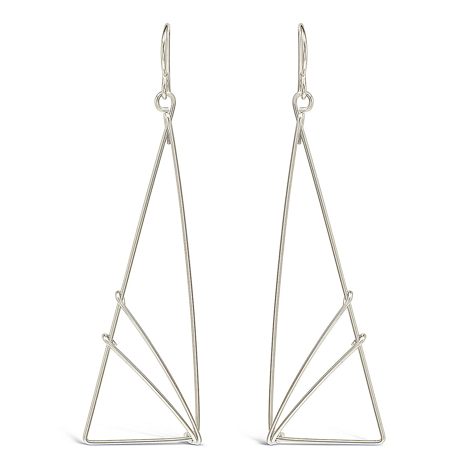 A pair of contemporary geometric inspired triangle earrings made of sterling silver wire.