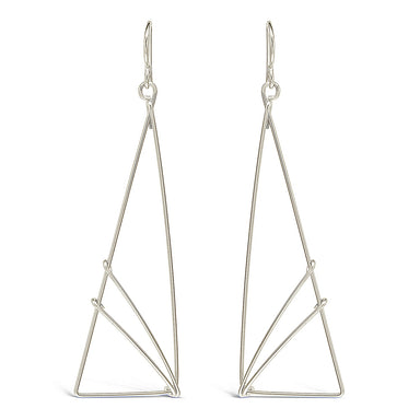 A pair of contemporary geometric inspired triangle earrings made of sterling silver wire.