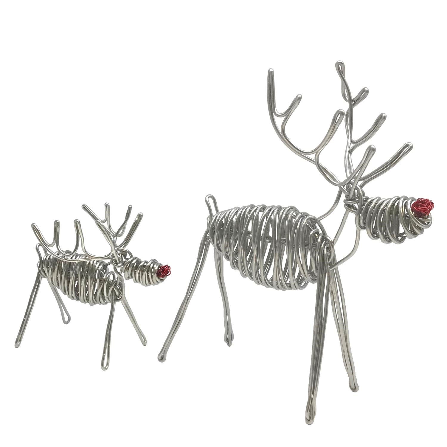 Two aluminum reindeer sculptures with a red aluminum nose, one small and one large, crafted from a single strand of aluminum.