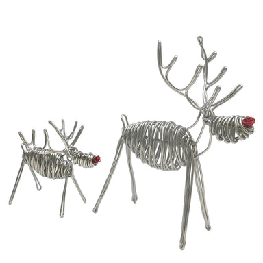 Two aluminum reindeer sculptures with a red aluminum nose, one small and one large, crafted from a single strand of aluminum.