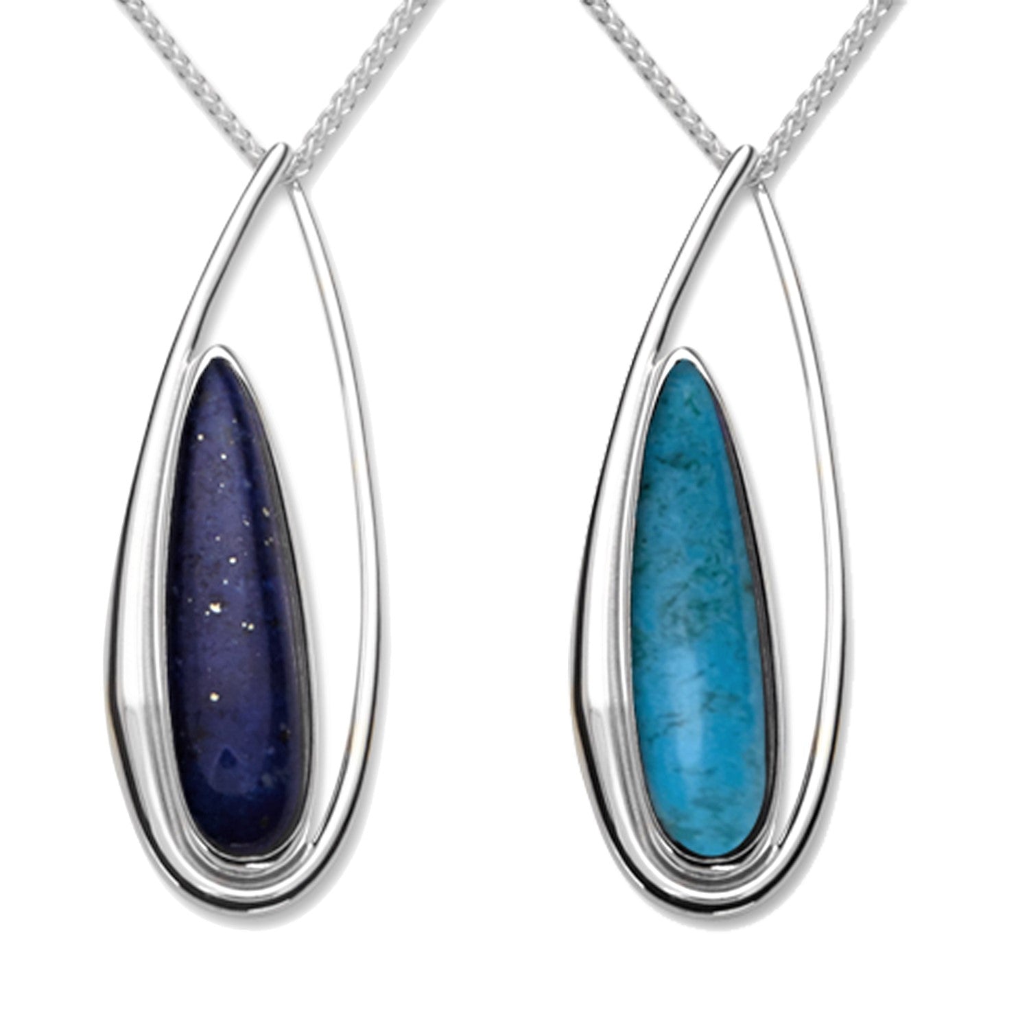 Two sterling silver pendants with open pear shaped designs, one with a blue turquoise accent and the other with a blue lapis accent, attached to silver snake chains.