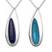 Two sterling silver pendants with open pear shaped designs, one with a blue turquoise accent and the other with a blue lapis accent, attached to silver snake chains.