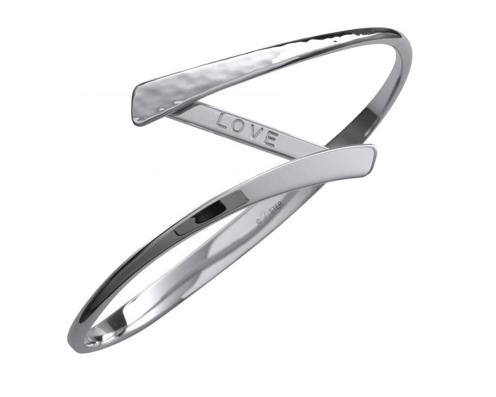 A sterling silver bracelet with a hidden message 'love' revealed when the bracelet swings open.