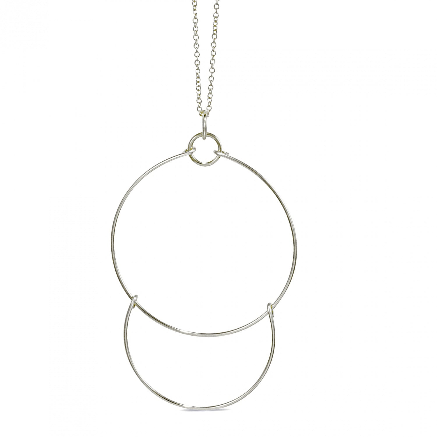 A sterling silver wire necklace with a geometric two-piece pendant and chain.