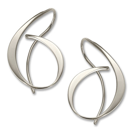A pair of sterling silver hoop earrings with a design that resembles a musical note.