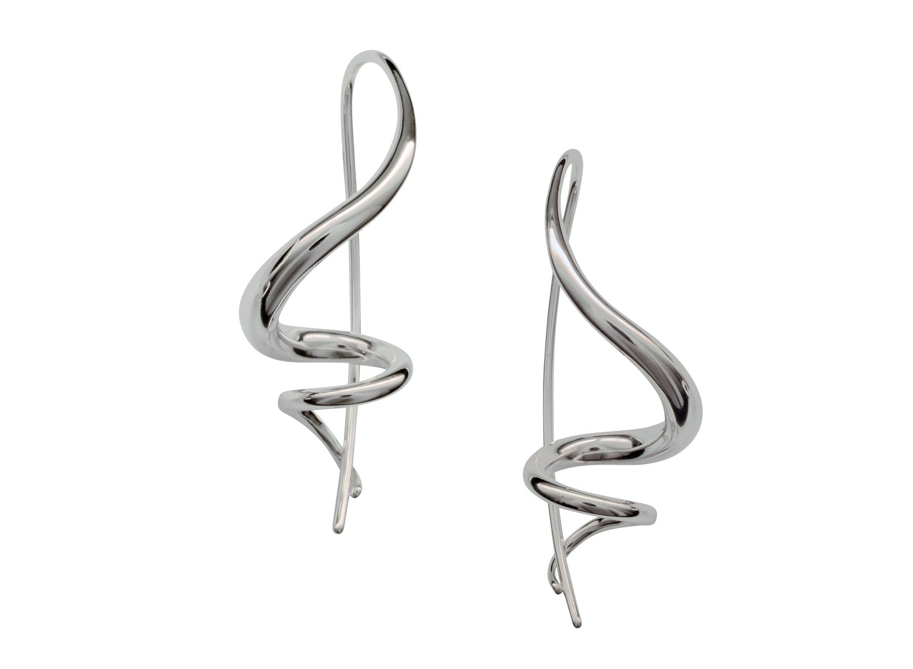A pair of silver earrings featuring a sculptural spiral design with a secure closure.