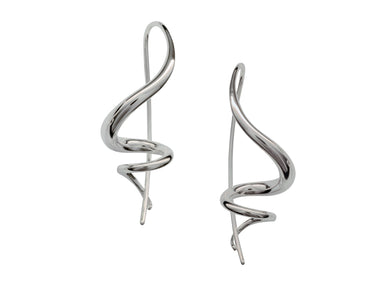 A pair of silver earrings featuring a sculptural spiral design with a secure closure.
