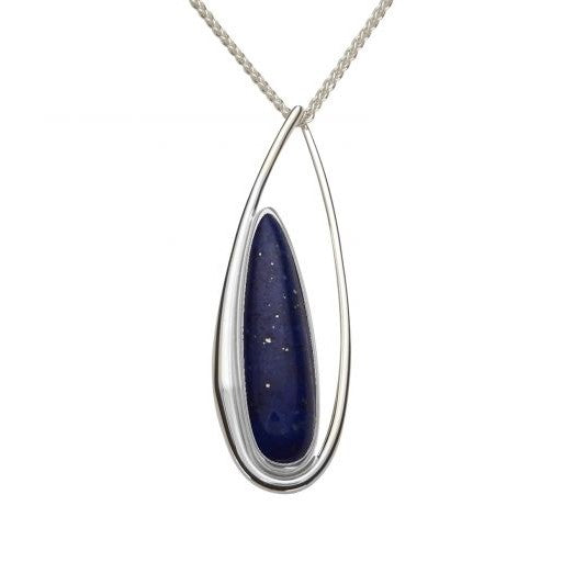A sterling silver pendant with a lapis stone set inside an open pear-shaped design, attached to a 1mm snake chain.