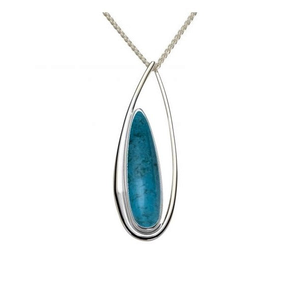 A sterling silver pendant with a turquoise stone set inside an open pear-shaped design, attached to a 1mm snake chain.